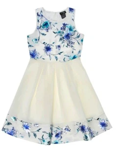 2-HIP Big Girl's Scuba Ivory Blue Floral Foil Print Fanciful Dress-Size-16 - Picture 1 of 2