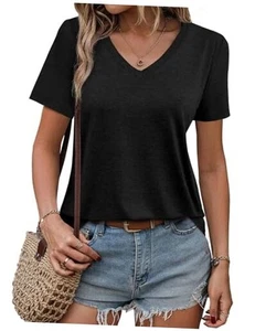 Womens Short Sleeve T Shirts V Neck Tops Summer Trendy Comfy Casual Large Black - Picture 1 of 7