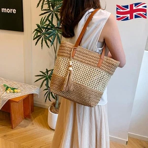 Straw Beach Bag Summer Shoulder Bag with Zipper Woven Tote Bag for Women (Khaki) - Picture 1 of 9