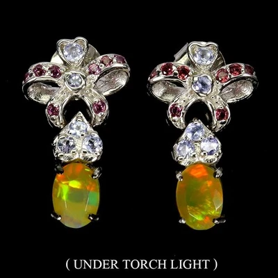 Orecchini in argento sterling 925 opale di fuoco ovale rodolite tanzanite... - Immagine 1 di 4