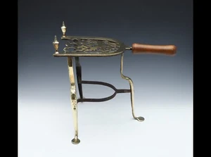 Antiker georgianischer Kaminuntersetzer aus Messing und geschmiedetem Eisen mit Holzgriff 14 Zoll - Bild 1 von 9