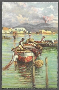 Neapel, Italien Postkarte - Vesuvio con barche (Boote) Künstler signiert G. Carelli  - Bild 1 von 2