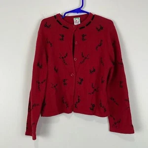 Vintage Gymboree Cardigan Sweater Girls 6 Red Black Flower Design Ribbon Collar - Picture 1 of 6