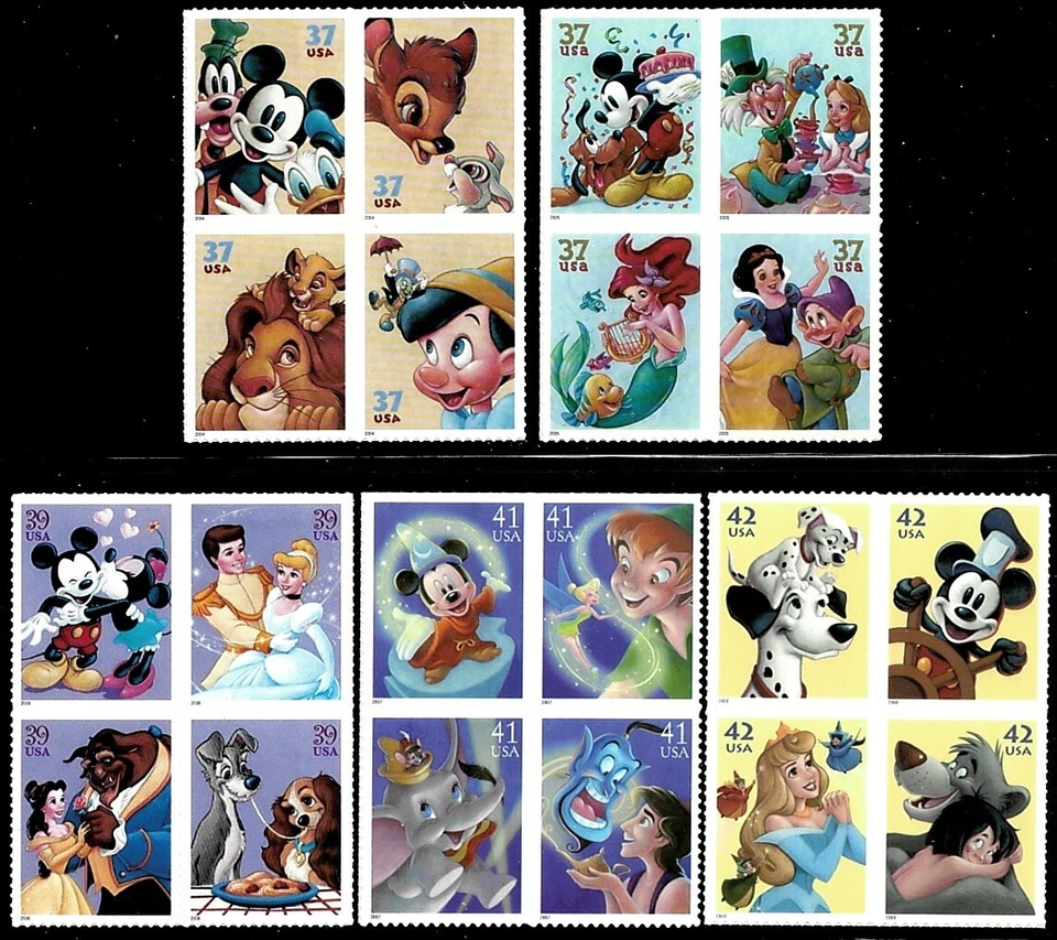 US THE ART OF DISNEY POSTAGE STAMPS SET OF 5 SE-TENANT BLOCK 4 MNH - Image 1 of 1