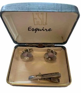 Vintage ESQ Esquire Cufflinks Tie Bar Set In Original Blue Box Silver Tone CZ - Picture 1 of 11