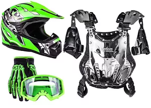 Youth Chest Protector 75-100 lbs Helmet Green Gloves Goggles Combo ATV Kids DOT - Picture 1 of 12