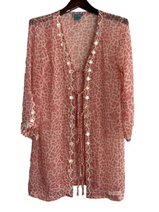Letarte M Cover Up Y2K Pink Chiffon Shell Kimono Animal Swim Tunic Top Vintage - Picture 1 of 9
