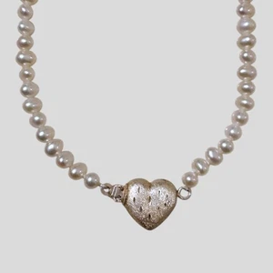 Sterling Silver Heart Clasp Pearl Necklace - 16" Freshwater Pearls, 925 Marked - Picture 1 of 6