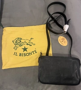NUEVO Il Bisonte Bolso Bandolera Rectangular de Cuero Negro con Cremallera - Imagen 1 de 12