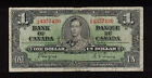 1937 O/M $1.00 BC-21d VG+ Short Printed COYNE Canada KEY George VI One Dollar