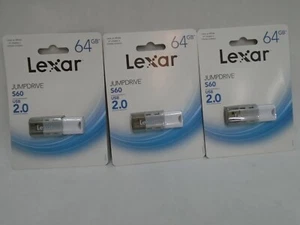 LOT OF THREE NEW IN PKG LEXAR 64GB S60 USB FLASH DRIVES USB 2.0 JUMPDRIVE STICKS - Picture 1 of 2