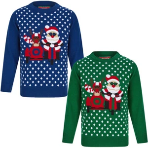 Kids Boys Christmas Jumper Sidecar Polka Dot Xmas Sweater Pullover Novelty - Picture 1 of 7