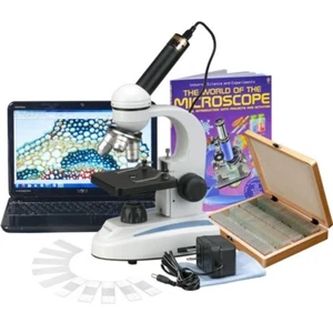 Lente de vidrio AmScope 40X-1000X cuerpo de metal microscopio de estudiante + 100 especímenes, libro - Imagen 1 de 14