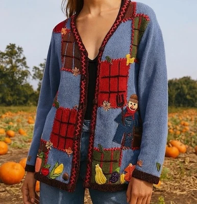 Quacker Factory Fall Harvest Cardigan Sweater Scarecrow Pumpkins Veggies M - Image 1 of 4
