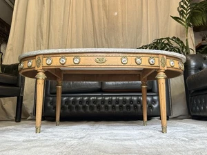 French Marble Coffee Table With Pink Marble Top Brass And Wood Base - Picture 1 of 19