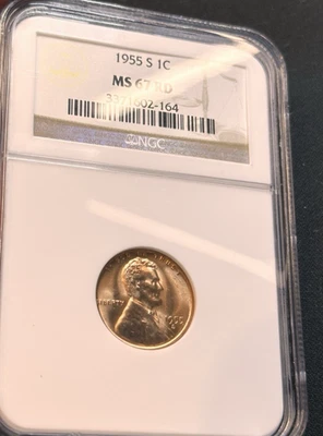 1955-S LINCOLN WHEAT CENT ~ NGC MS 67 RD ~BEAUTIFUL COIN~ - Image 1 of 2