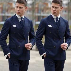 Formal Striped Men Suits Navy Blue Wedding Business Peak Lapel Offical Tuxedos - Picture 1 of 9