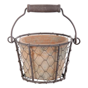 Aged Terracotta Pot with Wire Basket Hanging Standing Garden Planter Pottery - Picture 1 of 3