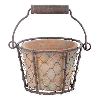 Aged Terracotta Pot with Wire Basket Hanging Standing Garden Planter Pottery - Image 1 of 3