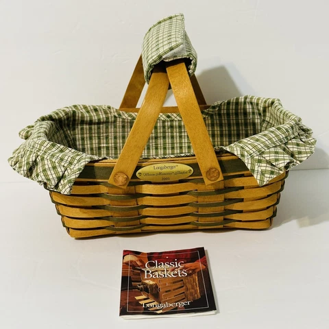 Longaberger 2001 Woven Memories Basket Set Liner Protector Handle Green Signed Cover
