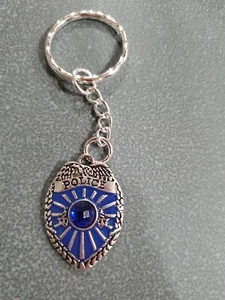 Blue Police Badge Keychain Keyring Key Ring Cop Gift Rhinestone Charm Officer - Picture 1 of 3