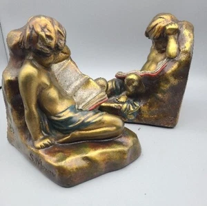 Vtg ART DECO S. MORANI Bronze Armour 2 Bookends Cherub Child Reclining Reading - Picture 1 of 12