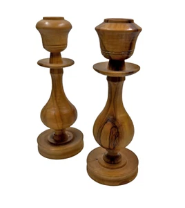 Vintage Hand Turned Wooden Candlesticks or Taper Holders Two-Toned Hardwood 4.5" - Picture 1 of 4
