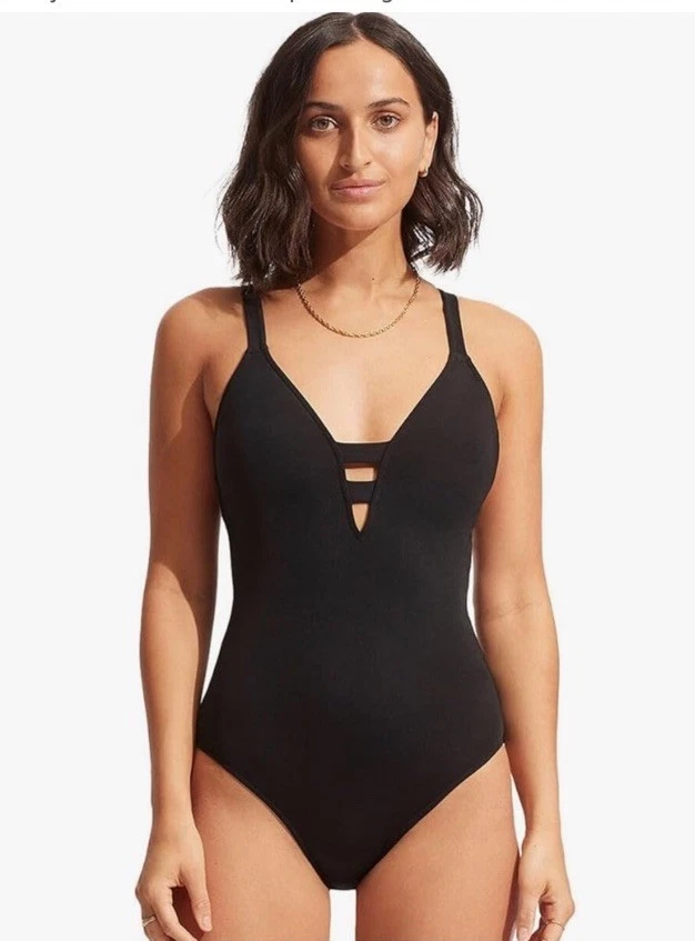 Seafolly Women Black Active Plunging Long Fit Strappy One-piece Swimsuit 16
