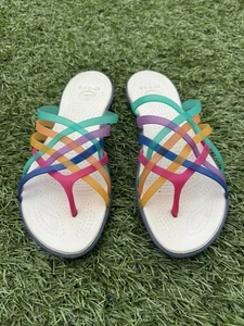 Crocs Huarache Multicoloured Strappy Toe-post Sandals Uk Size 7 flip flops W9 - Picture 1 of 4