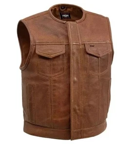 Herren Braun Leder Biker Weste Echt Rindsleder Club Reitweste Motorrad - Bild 1 von 6