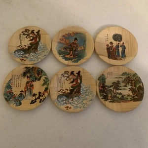 6 Pc Round Bamboo Plate/Coaster Set Handpainted - Picture 1 of 8