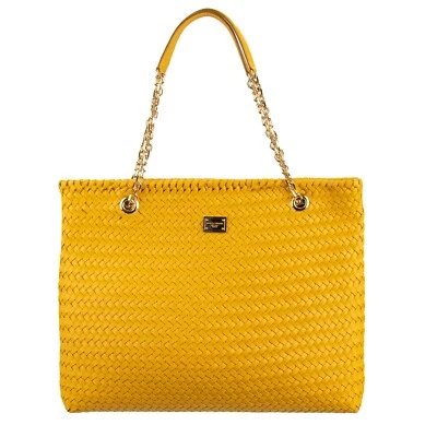 Bolso Shopper Dolce & Gabbana Grande Hecho a Mano Tejido Cuero Napa Logo Amarillo Foto 1 de 4