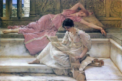 LA POETA FAVORITA NIÑAS LEYENDO POEMA PAPIRO PINTURA POR ALMA TADEMA REPRO  Foto 1 de 3