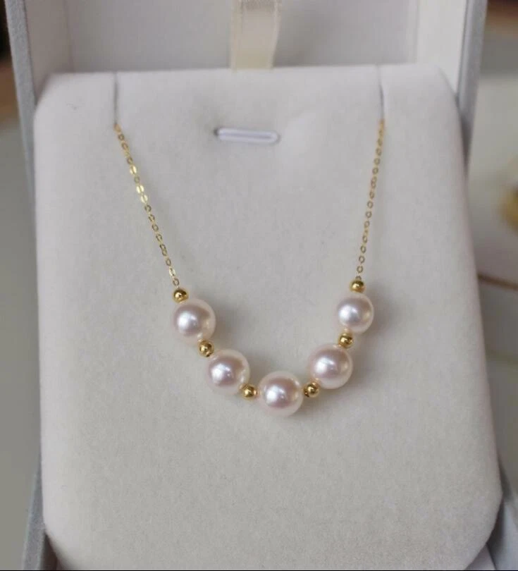 Precioso collar de perlas redondas blancas Akoya naturales reales AAA+ 6-7 mm de oro de 14 k de 18" Foto 1 de 4