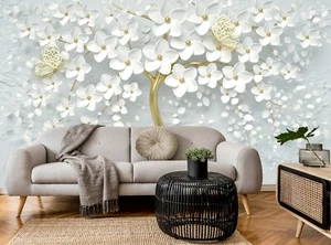 3D White Tree and Butterflies Wall Mural Photo Wallpaper Giant Paper Poster Art - Picture 1 of 6