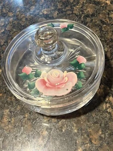 Vintage Hand Painted Glass Trinket Box Divided Candy Nut Dish Pink Roses Green - Picture 1 of 6