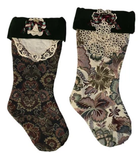 VINTAGE HANDCRAFTED TAPESTRY AND DK GREEN CORDUROY CHRISTMAS STOCKINGS SET OF 2 - Picture 1 of 8