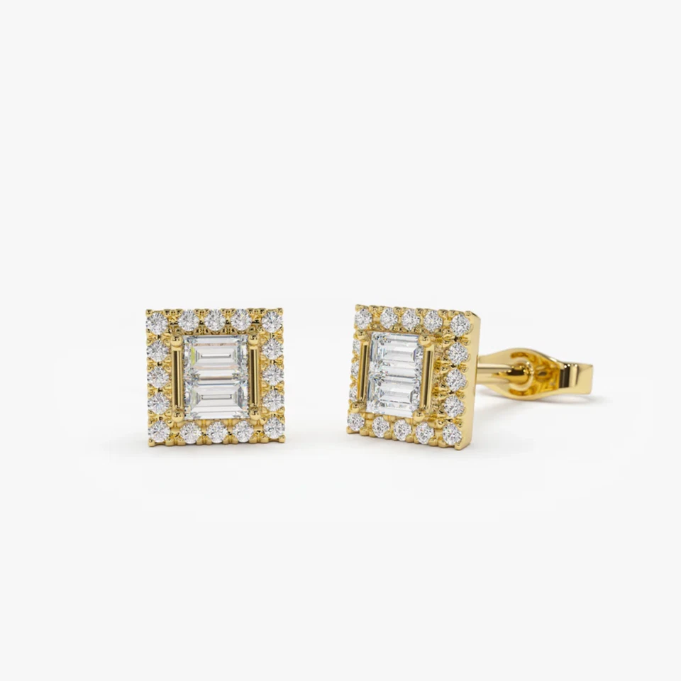Aretes con racimo de diamantes redondos y baguette naturales de 0,25 quilates de oro amarillo de 10 k Foto 1 de 4