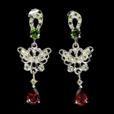 925 Sterling Silber Ohrringe Birne Rhodolith Peridot Edelstein No USA Einfuhr - Bild 1 von 4