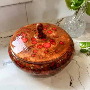 MCM art deco Ceramic Trinket Dish Jewelry Box Candy Dish Brown Red Spots - Picture 1 of 7
