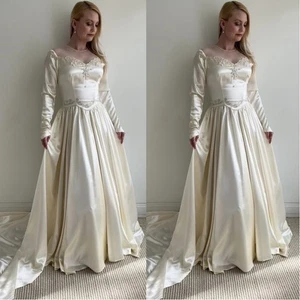 Retro Vintage Satin Wedding Dresses Long Sleeve Ruching Sweep Train Bridal Gowns - Picture 1 of 24