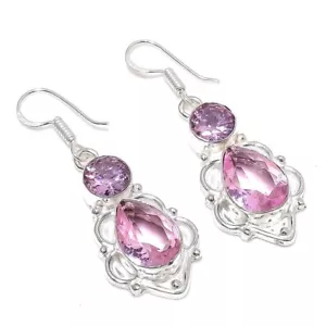 Pink Kunzite Gemstone Handmade 925 Sterling Silver Jewelry Earrings Sz 1.80" - Picture 1 of 1