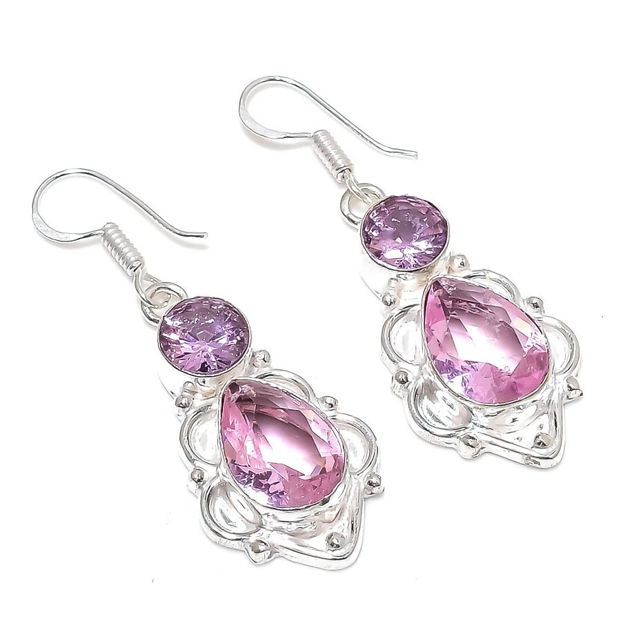 Pendientes de joyería de plata de ley 925 hechos a mano con piedras preciosas de kuncita rosa talla 1,80" Foto 1 de 1