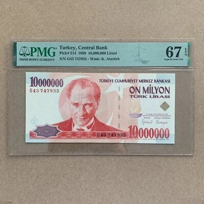 Turkey 10 Million Lira Banknote L.1970 P214 PMG 67 EPQ Turkish Currency Ataturk - Image 1 of 4