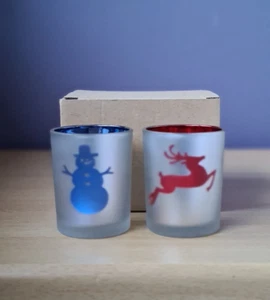 Pair of Votive Tealight Candle Holders Frosted Glass Reindeer Snowman Christmas - Picture 1 of 4
