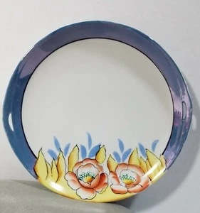 LUSTERWARE SERVING PLATTER 10"DIAMETER VINTAGE LOTUS FLOWER.BLUES&YELLOW. HANDLE - Picture 1 of 9