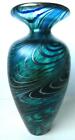 Robert Held Art Glass Iridescent Bud Vase Cobalt Green & Gold Swirl-signed