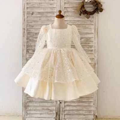 Exquisite Square Collar Flower Girl Dress Sequin Baby Birthday Party Gowns - Image 1 of 4