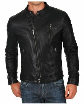 Men's Leather Jacket Motorcycle Real Lambskin Black Biker Coat Café Racer Jacket - Image 1 of 4