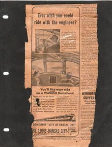 Wabash "City of Kansas City" Domeliner newspaper ad, 1954, EMD #1000 E7A - Picture 1 of 2